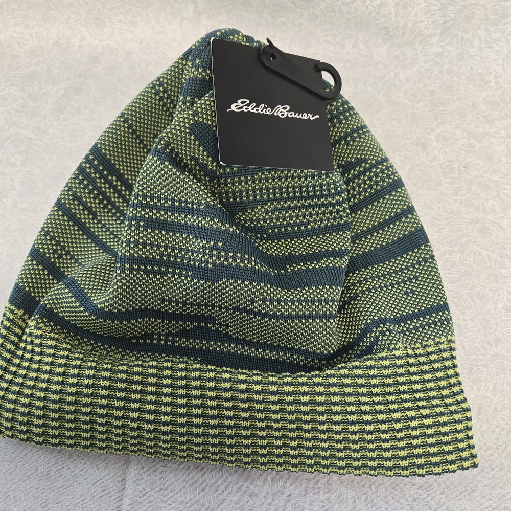 Eddie Bauer Striped Knit Beanie in Green and Blue